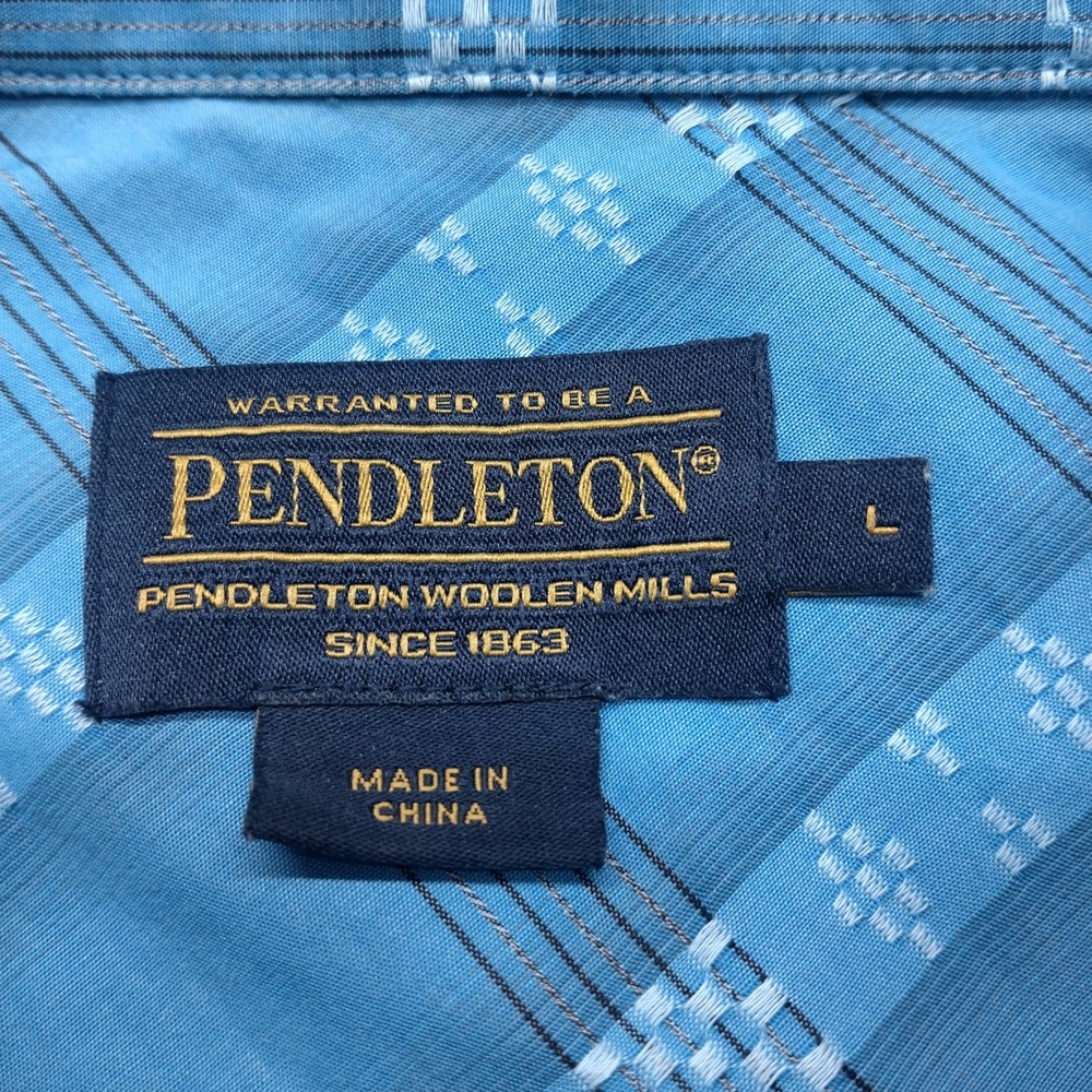 Pendleton Mens Large Blue Dobby Geometric Stripe Cotton Short Sleeve Shirt - Picture 3 of 7